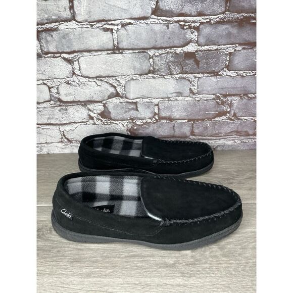 Clarks Venetian Black Suede Fur Lined Slip On Loafer Moccasin Slippers Men’s 10M - Picture 13 of 16